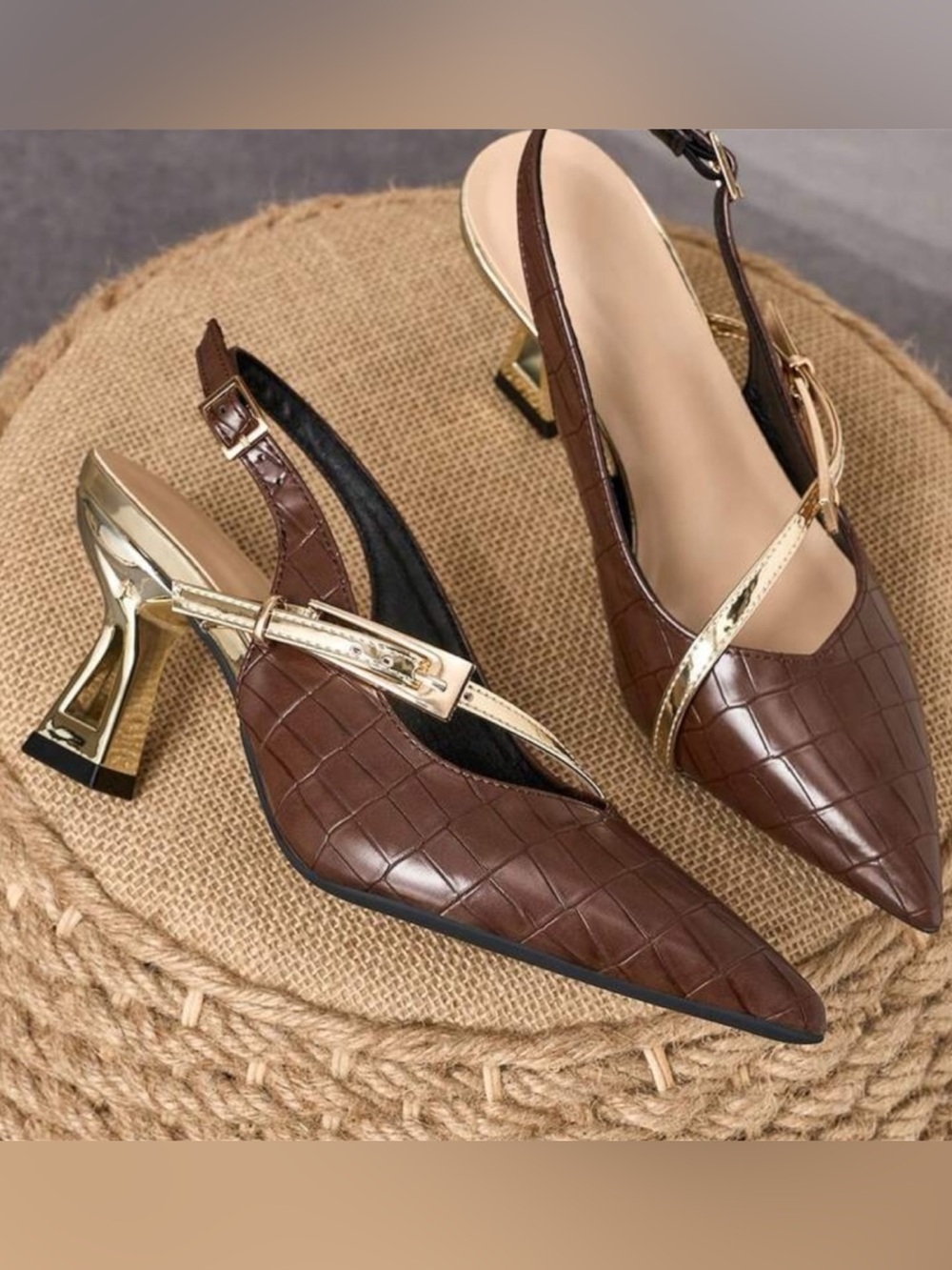 Croc-Embossed Brown Slingback Heels with Gold Strap